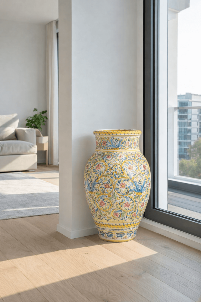 Cruche sicilienne colorée à motif floral – céramique artisanale, 75 cm